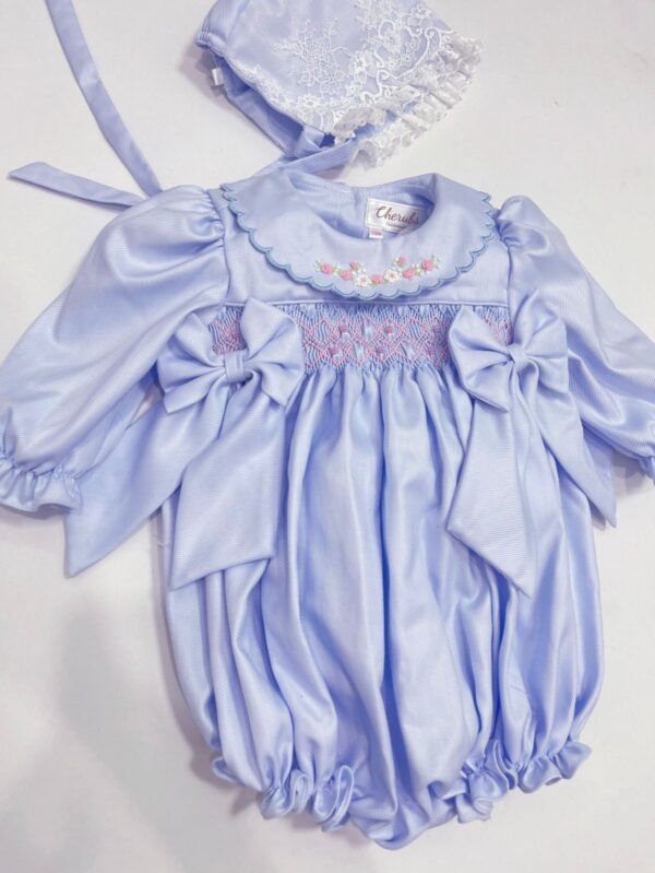 Blue Romper and Lace Bonnet - Image 3