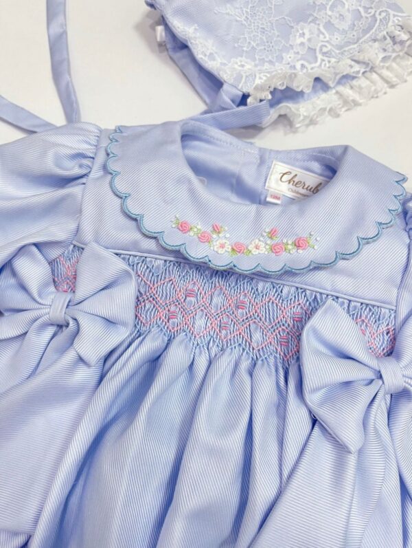Blue Romper and Lace Bonnet - Image 2