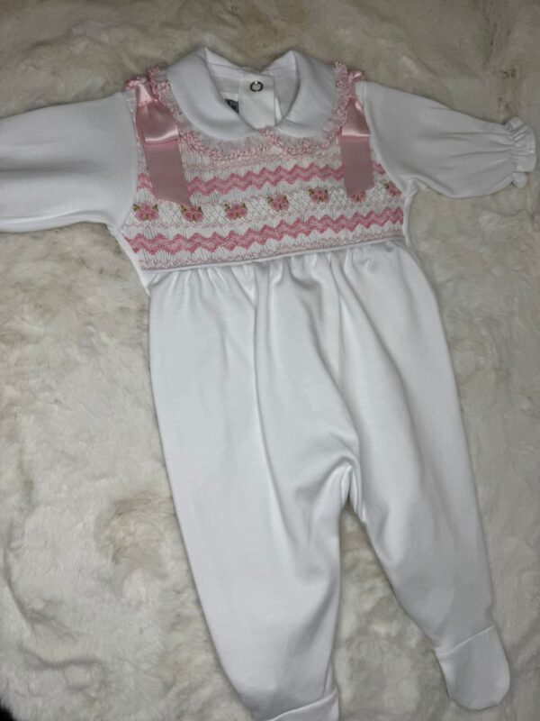 White and Pink Pima Cotton Baby Grow - Image 3