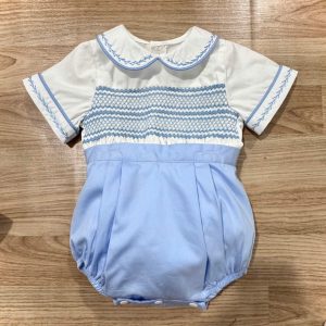 White and Blue Boys Smocked Romper