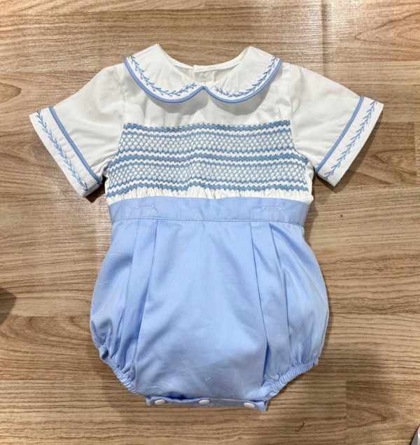 White and Blue Boys Smocked Romper