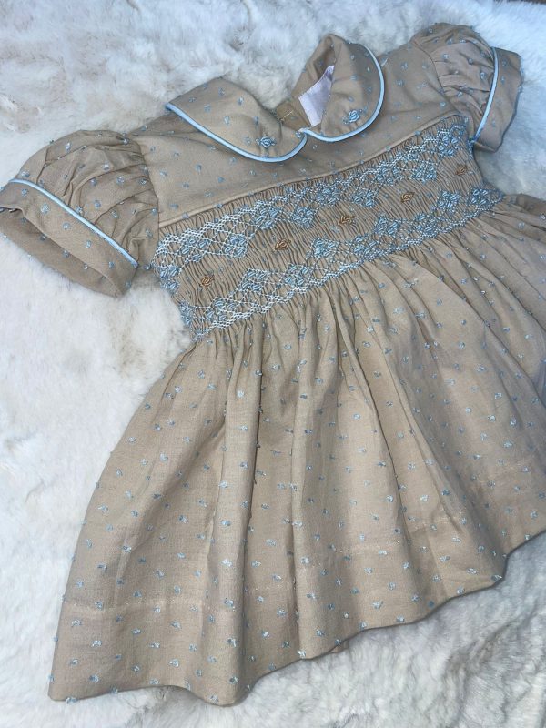 Luxury Sand and Blue Smocked Dress - Image 3