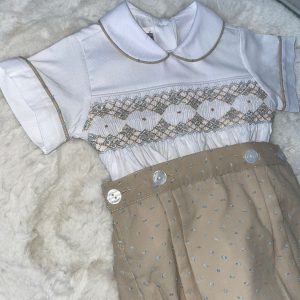 Luxury Sand and Blue Smocked Boys Suit