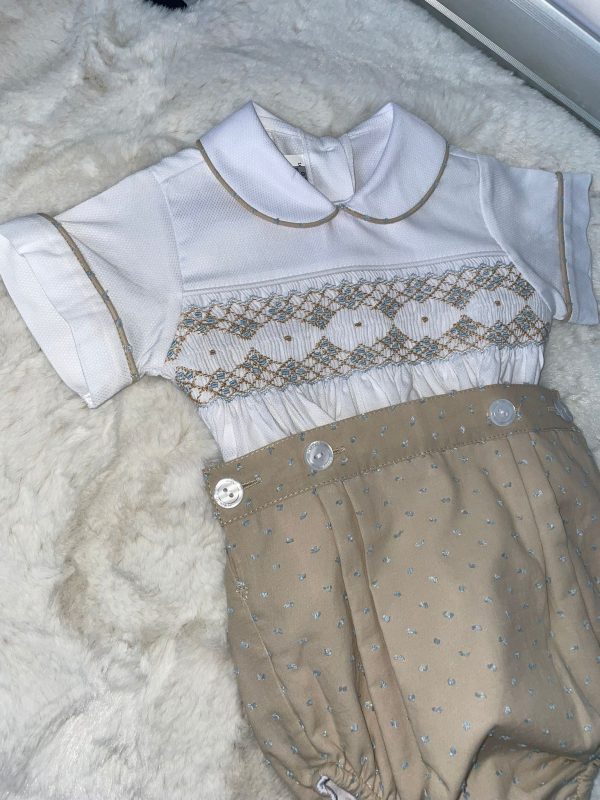 Luxury Sand and Blue Smocked Boys Suit