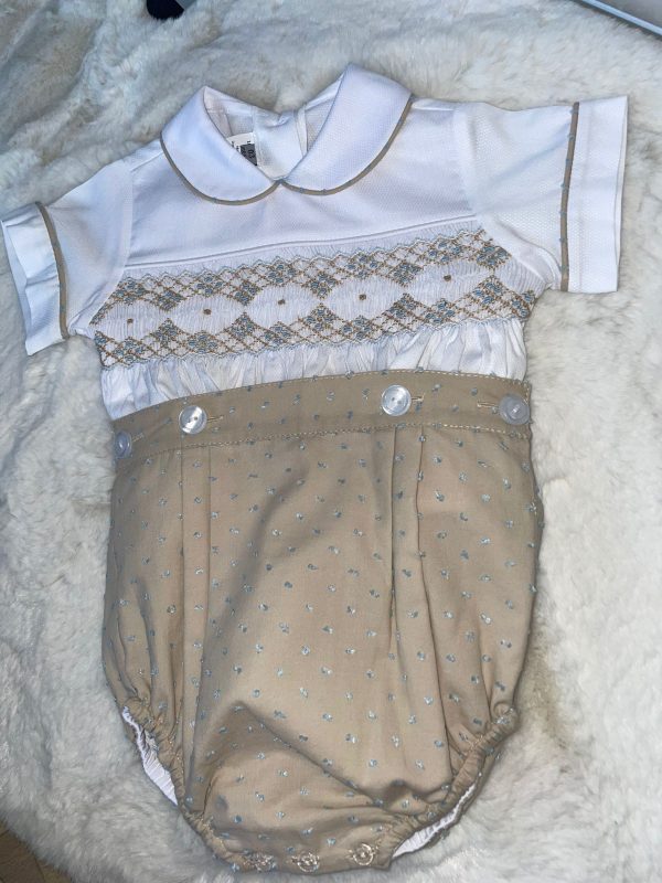 Luxury Sand and Blue Smocked Boys Suit - Image 4