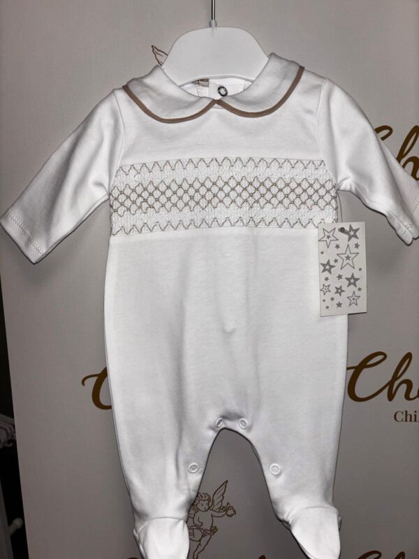 White Baby Grow Tan Trim