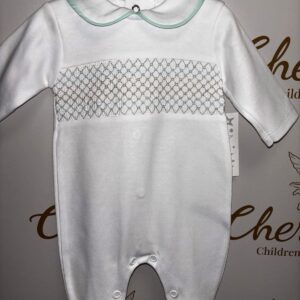 White Smock Baby Grow Green Trim