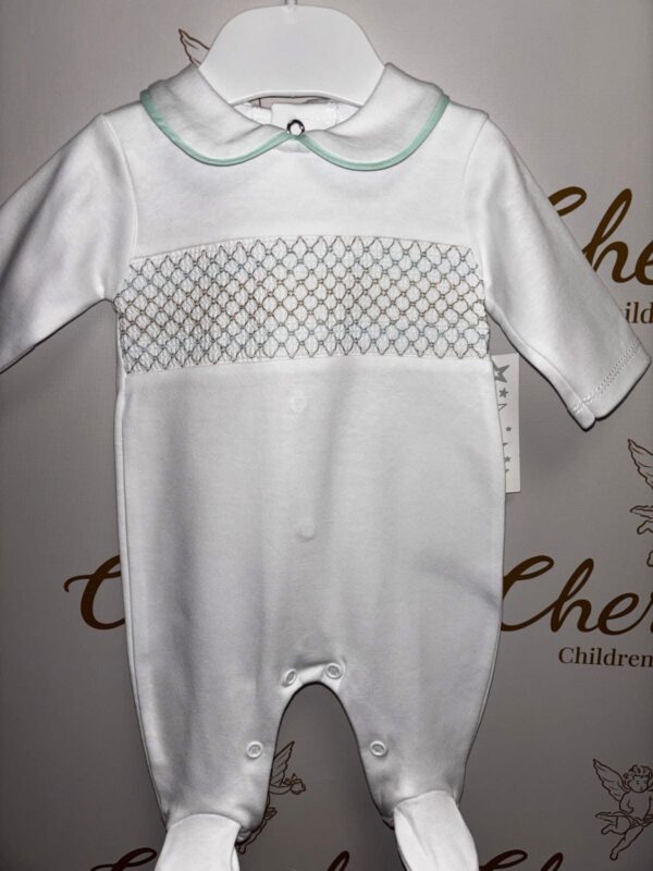 White Smock Baby Grow Green Trim
