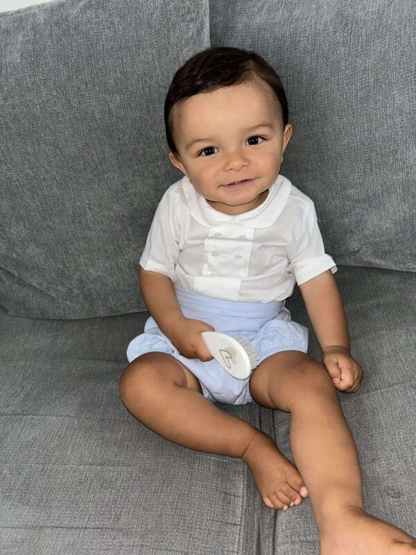 White Shirt Blue Shorts