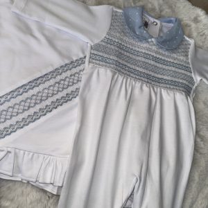 White & Plumeti Blue Pima Cotton Baby Grow & Blanket