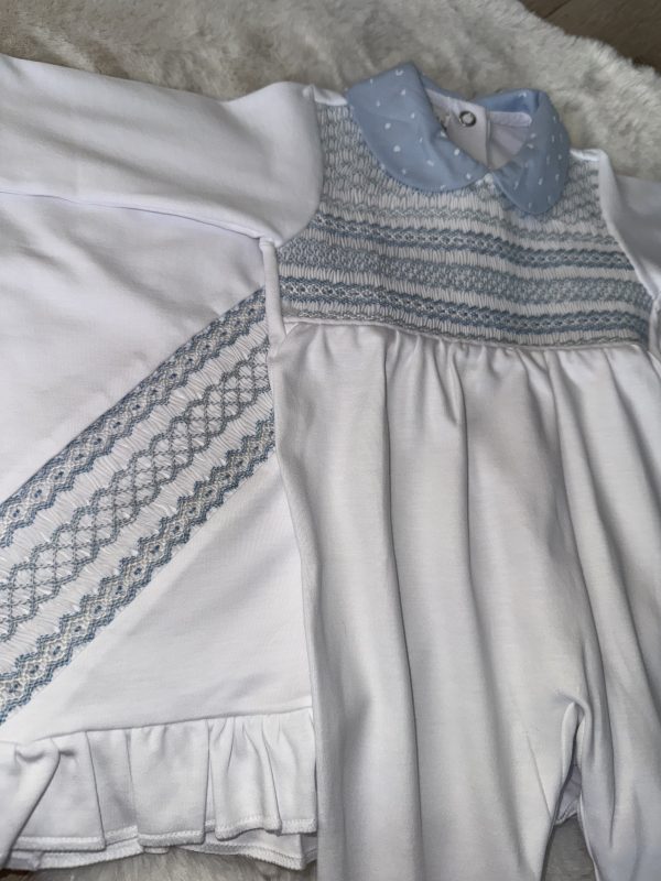 White & Plumeti Blue Pima Cotton Baby Grow & Blanket - Image 2