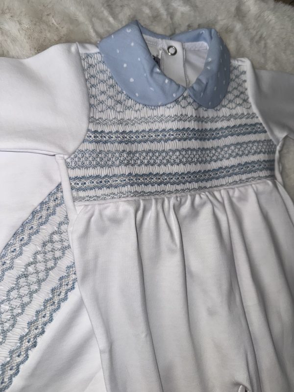 White & Plumeti Blue Pima Cotton Baby Grow & Blanket - Image 3