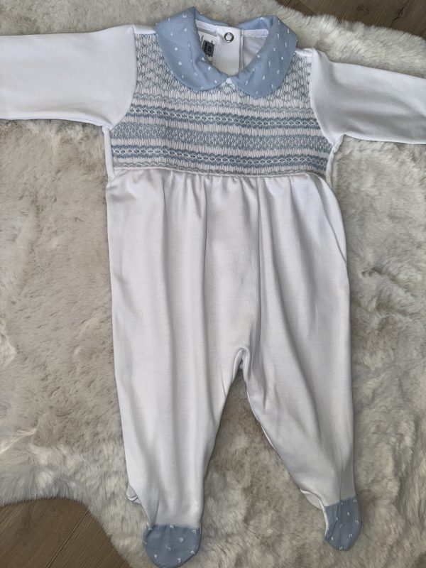 White & Plumeti Blue Pima Cotton Baby Grow - Image 3
