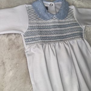 White & Plumeti Blue Pima Cotton Baby Grow