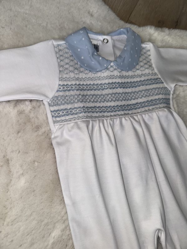 White & Plumeti Blue Pima Cotton Baby Grow & Blanket - Image 4