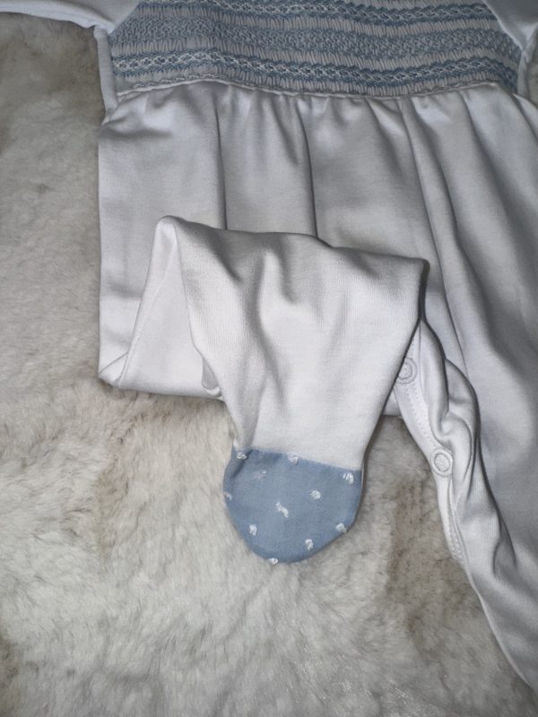 White & Plumeti Blue Pima Cotton Baby Grow & Blanket - Image 5