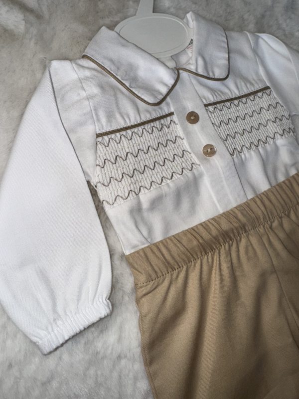 Boys Long Sleeve White Shirt Tan Brown Shorts - Image 2