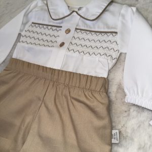 Boys Long Sleeve White Shirt Tan Brown Shorts