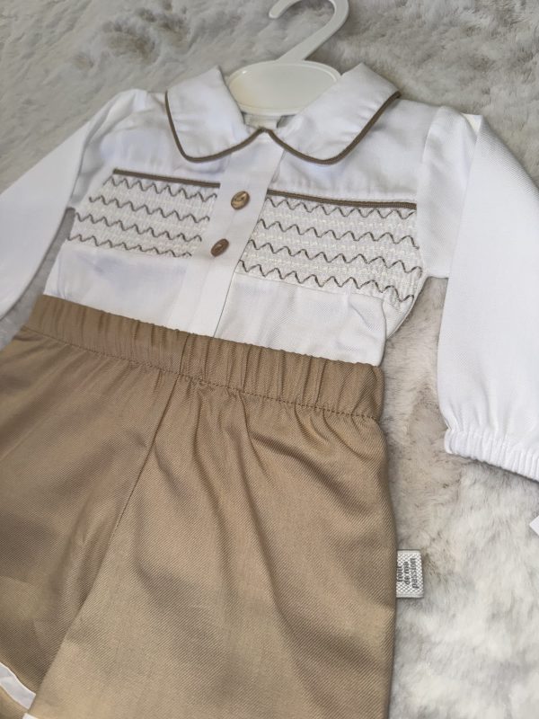 Boys Long Sleeve White Shirt Tan Brown Shorts