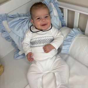 White Smock Baby Grow Blue Trim