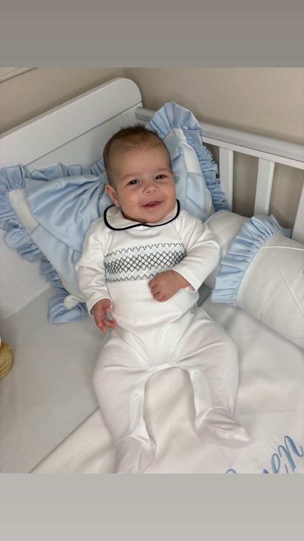 White Smock Baby Grow Blue Trim