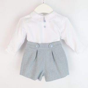 White Shirt Blue Buttons & Shorts Set