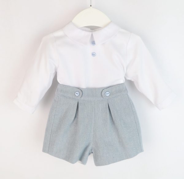 White Shirt Blue Buttons & Shorts Set