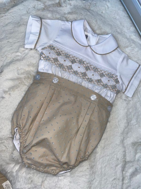 Luxury Sand and Blue Smocked Boys Suit - Image 2