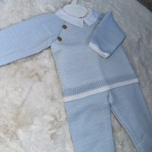 Blue Wool Jumper and Trousers With White Collar