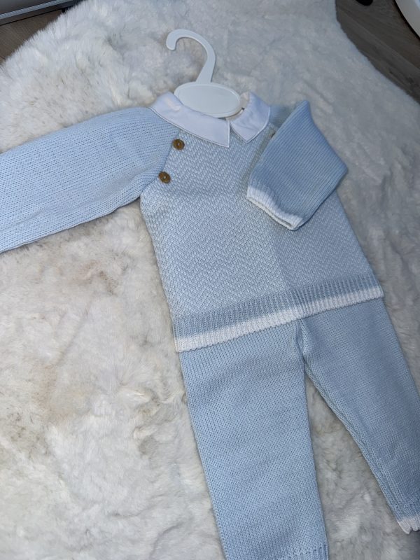 Blue Wool Jumper and Trousers With White Collar