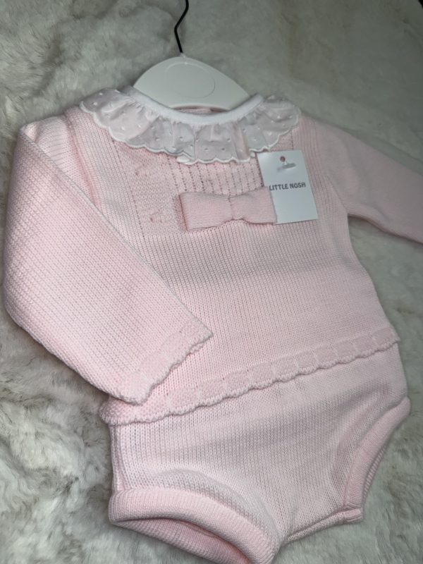 Pink Knitted Jam Pants With Frill Collar