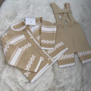 Tan Wool Dungaree & Cardigan Set