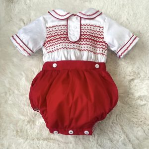 White & Red Smocked Button Front