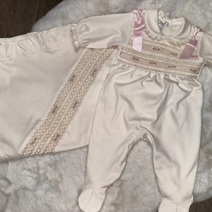 Pima Cotton Cream/Pink Baby Grow & Blanket Set