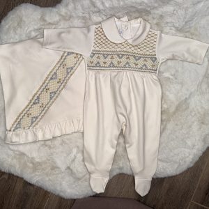 Pima Cotton Cream/Blue Baby Grow & Blanket Set