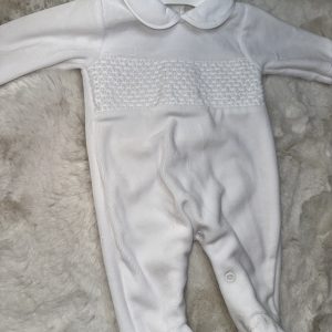 White Velour Smock Baby Grow