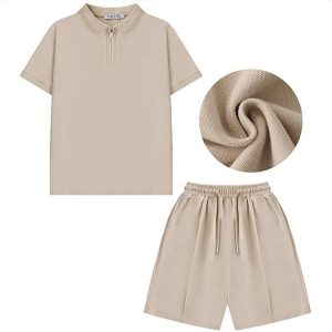 Beige Polo Zipped Top & Shorts