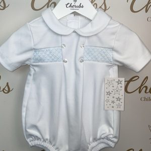 White & Blue Smock Romper