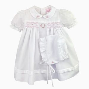 Flower Embroided Dress & Bonnett