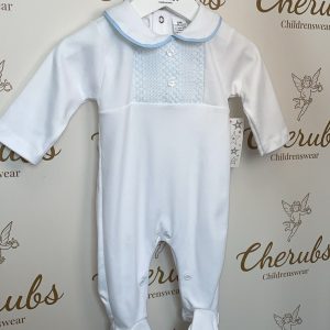 White & Blue Front Smock Baby Grow