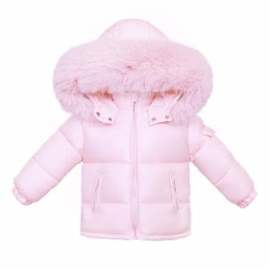 Pink Puffer Coat with Faux Fur Hood