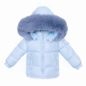 Blue Puffer Coat with Faux Fur Hood