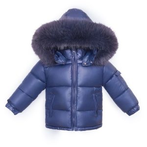 Navy Puffer Coat with Faux Fur Hood