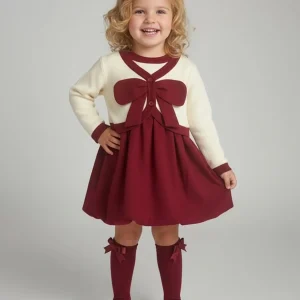 Wine Bow Dress & Cardigan Set